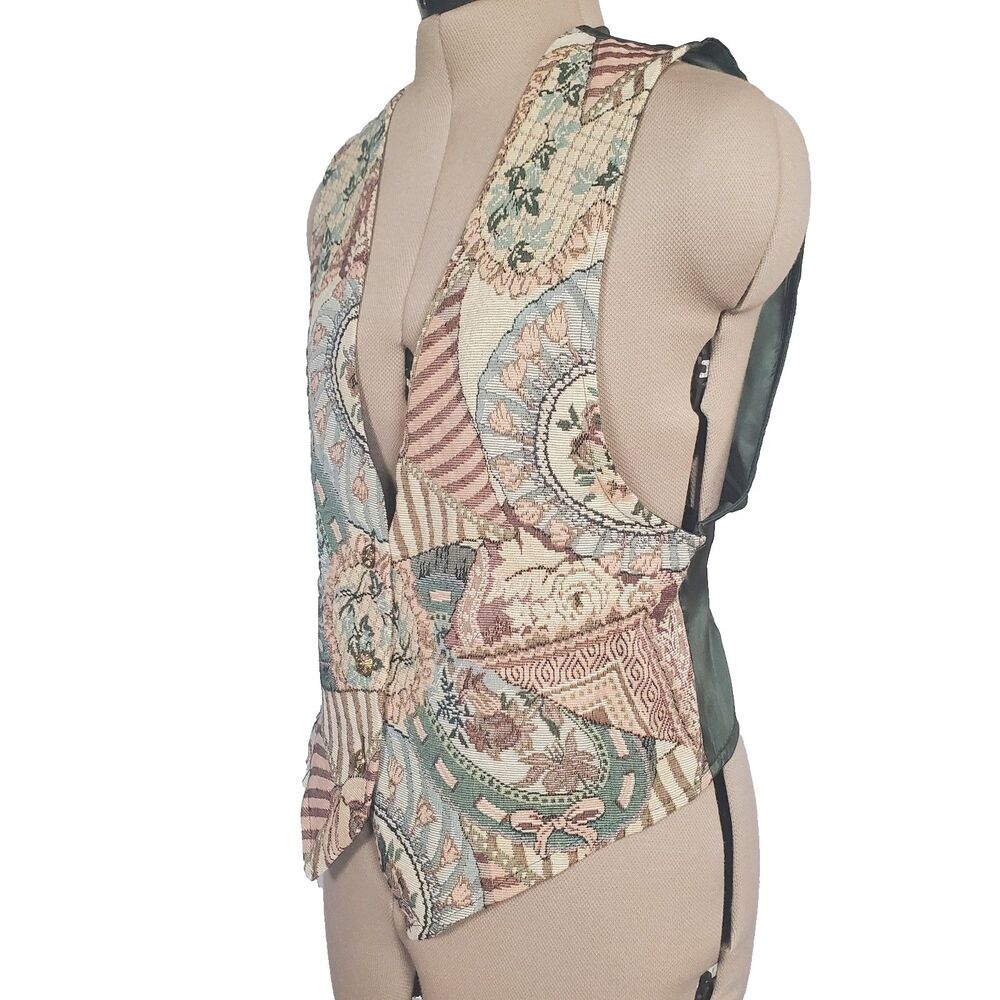 VTG Backroad Blues Women’s Vest Size Small Green Floral Tapestry Patchwork USA